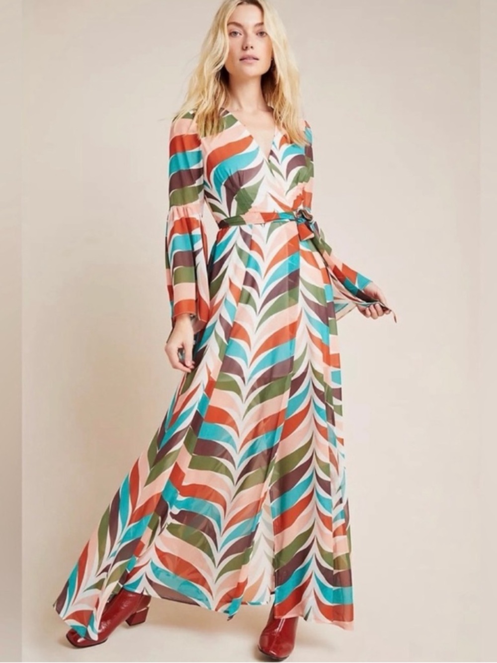 Hutch Multicolor Leaf-Print Wrap Maxi Dress in Coral, Teal & Olive